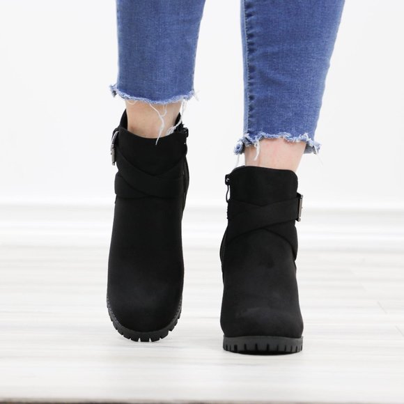 Faux Suede Black Lug Sole Ankle Boots - Picture 11 of 14